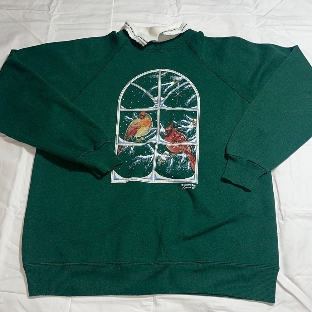 Vintage Grandmas Sweater large Green Morning Sun Collared Top birds in wondow